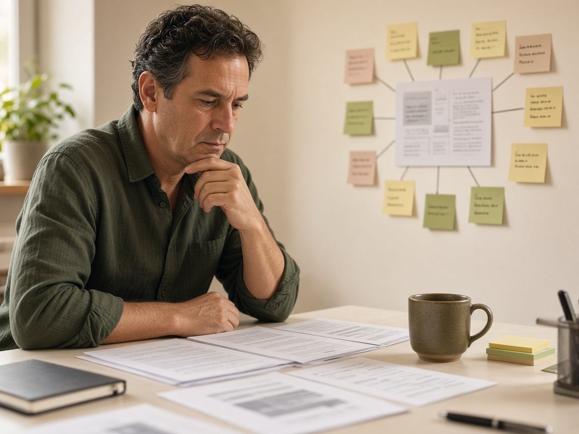 Decision-maker reviewing stakeholder research briefs at a desk