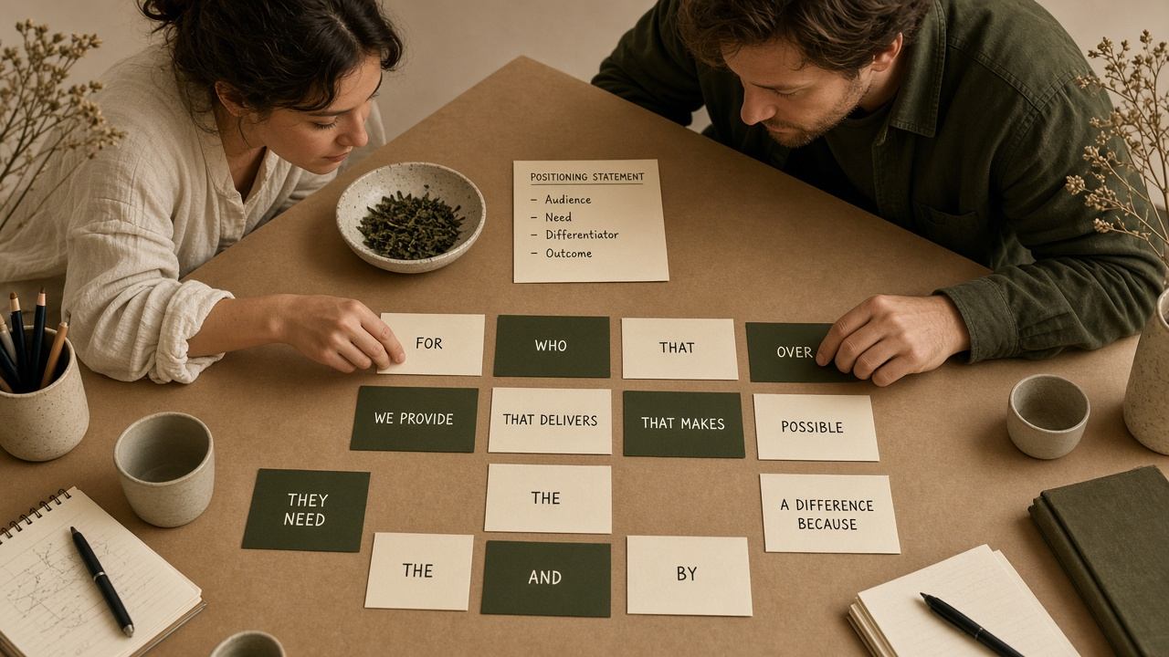 Strategists arranging positioning cards on kraft paper