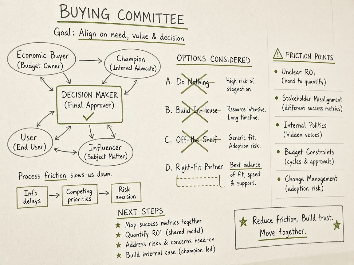 Whiteboard mapping buying friction with olive accents